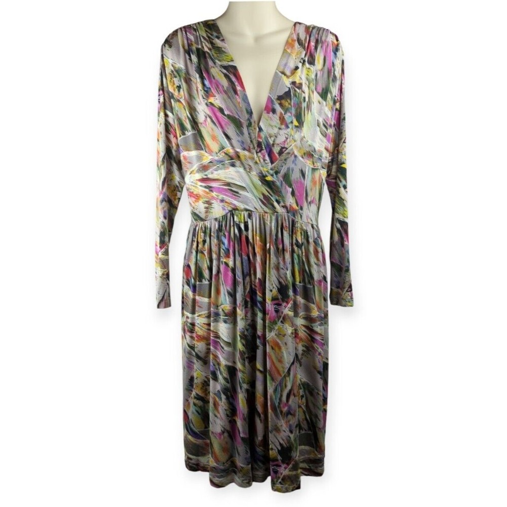 Bitte Kai Rand Faux Wrap Dress Abstract Pattern Wearable Art Colorful Long Slv M